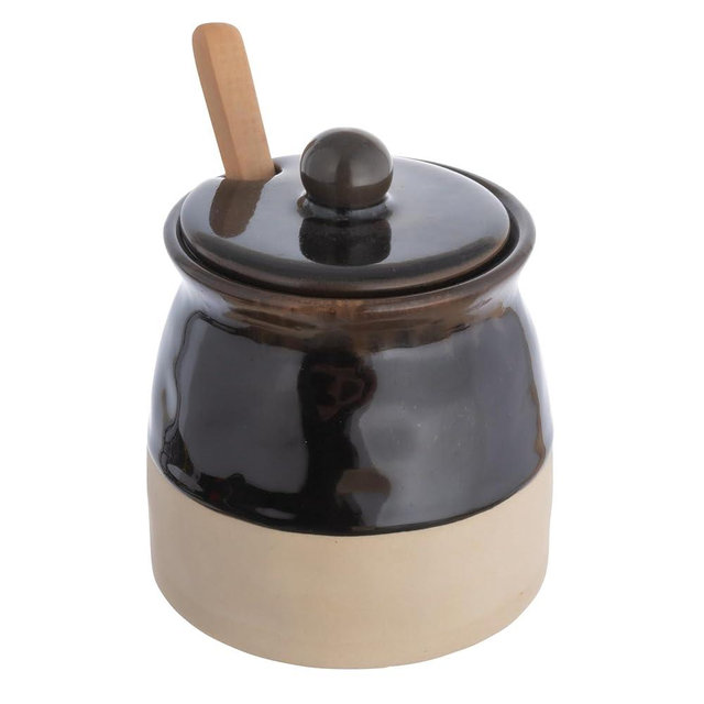 Creative Co-Op Black Stoneware Sugar Pot with Lid and Wood Spoon