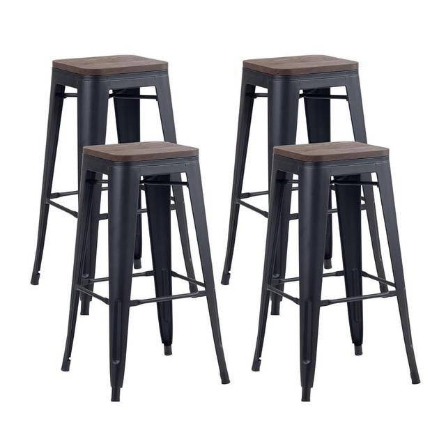 YOUNIKE Metal Bar Stools Counter Height BarStools Set of 4 30 Inches Wooden Seat Modern Industrial High Chairs Backless Stackable Indoor Outdoor Home Kitchen Patio Bistro Matte Black