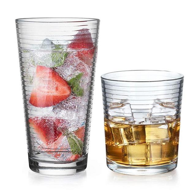 Set of 16 Heavy Base Ribbed Durable Drinking Glasses Includes 8 Cooler  Glasses (17oz) and 8 Rocks Glasses (13oz), - Clear Glass Cups - Elegant  Glassware Set 