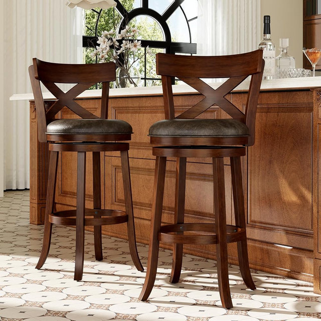 PHI VILLA 26 inch Counter Height Bar Stools Set of 2, Swivel Bar Stools with Back, Wooden Bar Chairs Faux Leather Kitchen Counter Stools