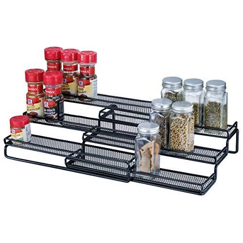 3 Tier Expandable Cabinet Spice Rack Organizer - Step Shelf with Protection Railing (12.5 to 25"W), Black