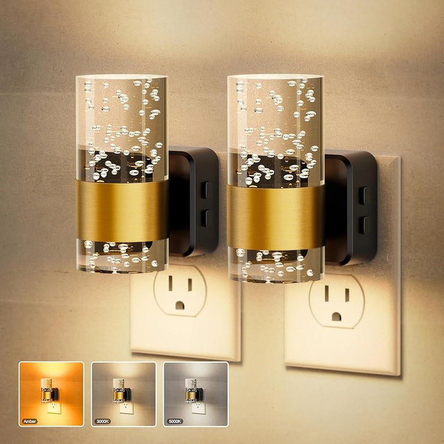 JandCase Night Lights Plug into Wall,2 Pack Color Changing Night Light,30/50/100LM Adjustable Brightness Nightlight,Amber/3000K/5000K LED Nightlight with Dusk to Dawn Sensor for Home Decor
