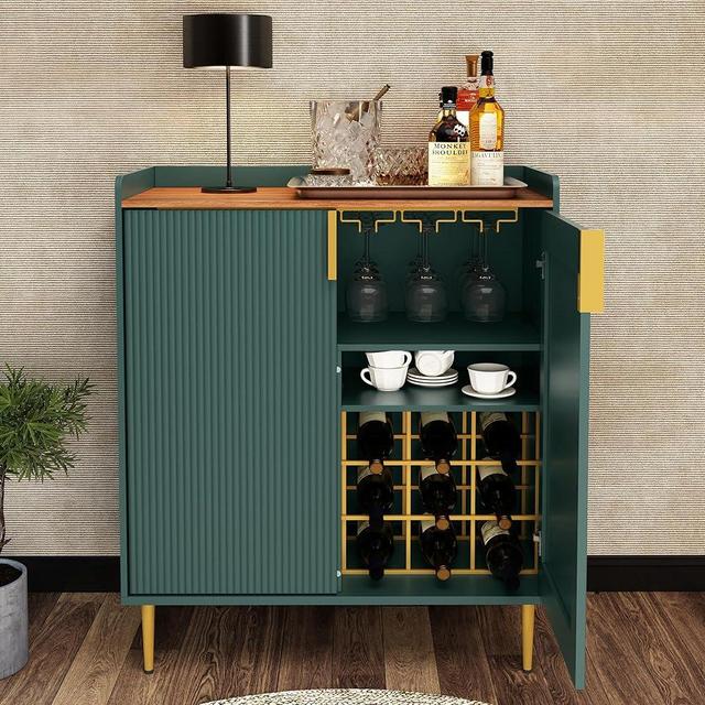 ARTPOWER Coffee Bar Cabinet with Wine Racks, Green Liquor Cabinet with Fluted Texture, Modern Sideboard Buffet Cabinet for Kitchen Dining Room, Living Room