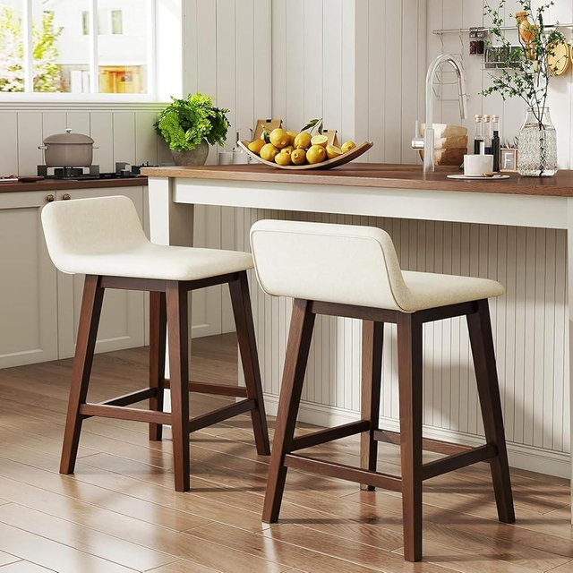 Giantex 24" Bar Stools Set of 2, Upholstered Counter Height Barstools with Low Back, Footrest, Armless Wood Bar Chairs for Kitchen Island, Dining Room, Brown & Beige