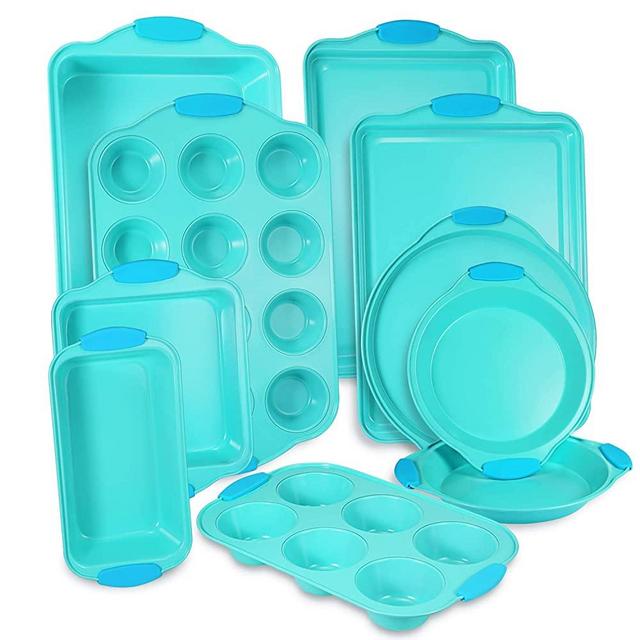 10-Piece Nonstick Bakeware Set with Blue Silicone Handles with Baking Pans, Baking Sheets, Cookie Sheets, Muffin Pan, Bread Pan, Pizza Pan and Cake Pan, Oven Safe