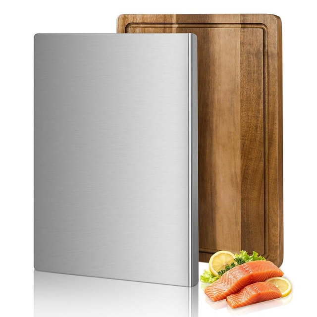 Stainless Steel Cutting Board and Acacia Wood Cutting Board Set, 2 Pack Kitchen Boards，Dishwasher Safe Stainless Steel Chopping Board with Counter Lip, Wooden Cooking Board with Juice Groove