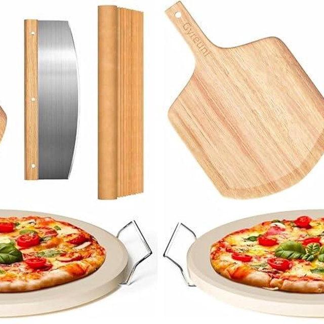 5 PCS Round Pizza Stone Set, 13" Pizza Stone for Oven and Grill with Pizza Peel(OAK),Serving Rack, Pizza Cutter & 10pcs Cooking Paper for Free, Baking Stone for Pizza, Bread (Pack of 2)