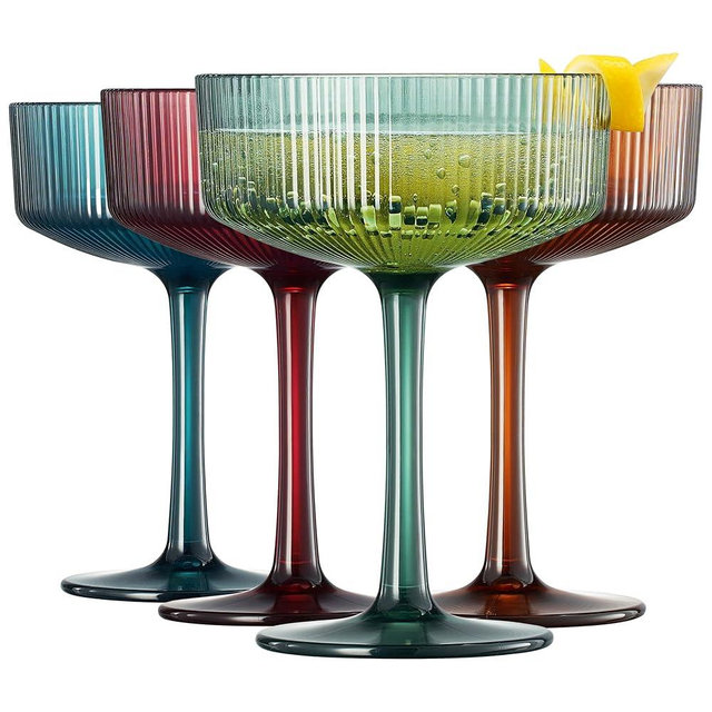 Khen Shatterproof Acrylic Ribbed Vintage Art Deco Martini, Champagne & Cocktail Muted Color Plastic Tritan Coupe Glasses | Set of 4 | 8 oz Ripple Glassware Classic Cocktail Indoor & Outdoor, European