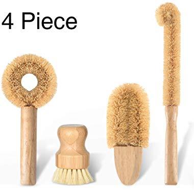 Subekyu Kitchen Scrub Brush Set of 4, All Natural Cleaning Brushes for Dish/Bottle/Vegetable/Pan/Pot, Scrubber with Bamboo Handle and Coconut Fibers Bristles