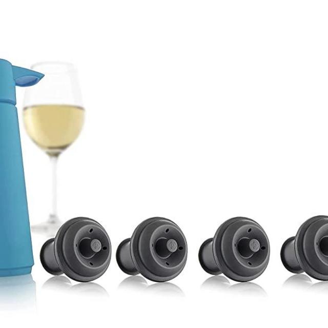 The Original Vacu Vin Premium Wine Saver Airtight Sealer Keeps wine fresh for up to 10 days (Blue, With 4 Stoppers)