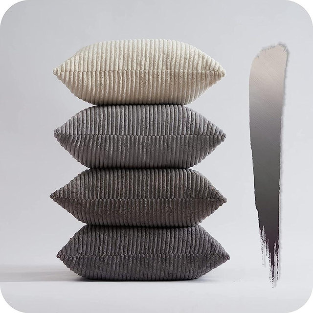 Topfinel Neutral Grey Decorative Throw Pillow Covers 18x18 Inch Set of 4,Modern Farmhouse Striped Corduroy Cushion Covers,Square Cream Gray Gradient Shams for Sofa,Bedroom,Floor,Car(45cm Dark Gray)