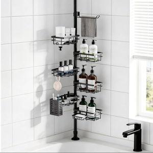 Shower Caddy Organizer Tension Pole, Rustproof 6-Pack Corner Shelf with 30-120 Inch Adjustable Shower Rack for Inside Shower, Extra Towel Bar & Soap Dish for Bathroom Organizers and Storage, Black
