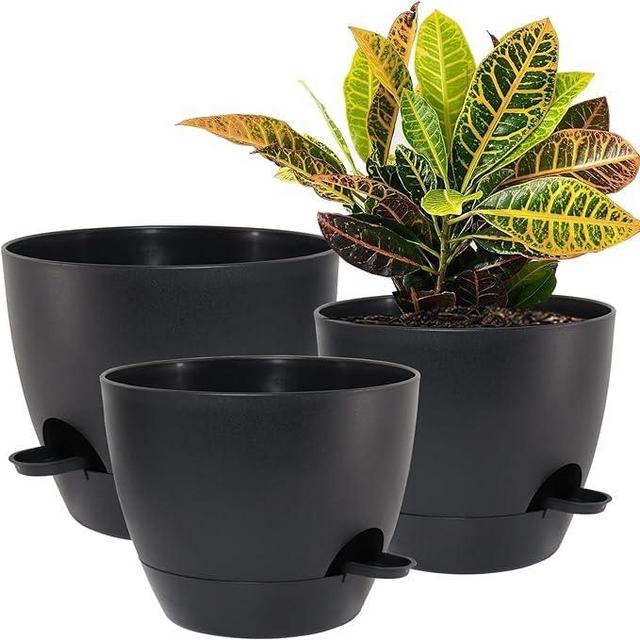 UOUZ 10/9/8 inch Self Watering Pots, Set of 3 Plastic Planters with Mesh Drainage Holes and Deep Reservoir for Indoor Outdoor Garden Plants and Flowers, Black
