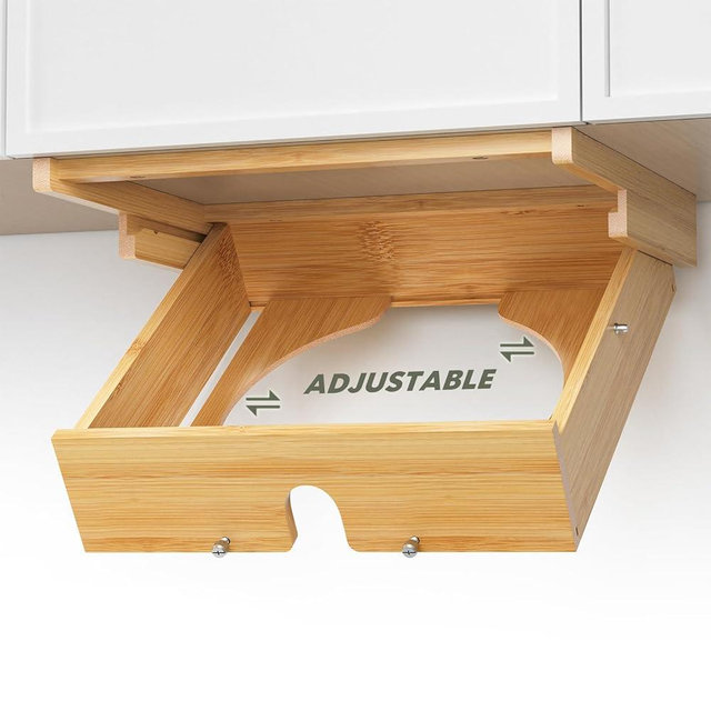 iCASA Paper Plate Dispenser Under Cabinet - Adjustable 10 Inch Paper Plate Holders, Natural Bamboo Disposable Plate Storage Organizer Kitchen Countertop Caddy for 8/8.5/9/9.5/10 inch Plastic Plates