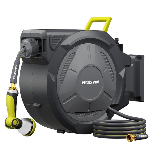 110 FT x 1/2" Retractable Garden Hose Reel, Heavy Duty Automatic Hose Reel Wall Mount - 3/4in Brass Fitting 10 Pattern Nozzle, Any Length Lock Slow Retraction 180° Swivel, Upgraded UV Resistant