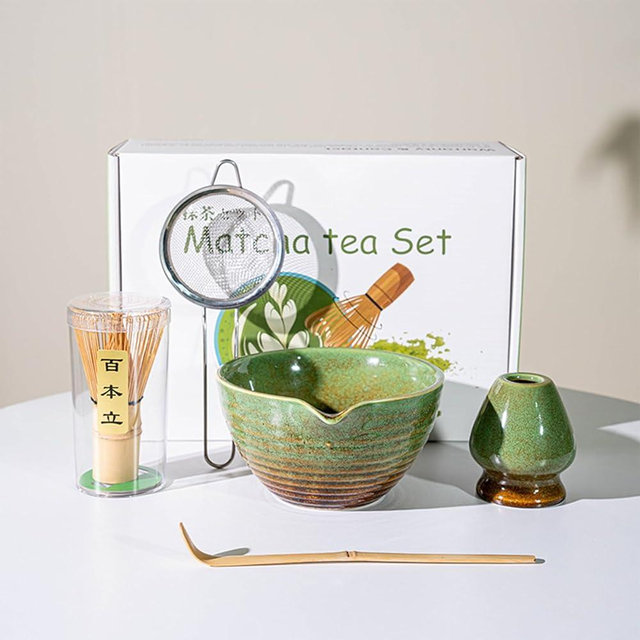 Luikyei Matcha Whisk Set, Japanese Matcha Set Includes Matcha Bowl with Spout, Matcha Whisk Holder, Bamboo Matcha Whisk and Sifter Scoop, 17 oz Green Glaze Ceramic Matcha Kit for Tea Lovers