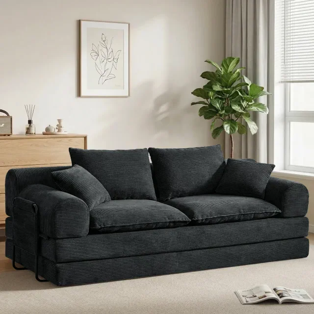 Dyonery 5-in-1 Convertible Sleeper Sofa Bed,79" Black Corduroy Boneless Folding Futon Cloud Couch,Loveseat Pull Out Couch Bed for Living Room