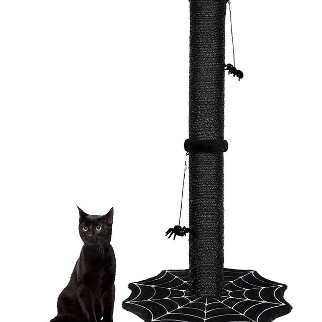 PuzzlePaw Gothic Cat Scratching Post with Spider Dangling Toys for Indoor Cats, Halloween Spooky Cat Scratcher,Activity Cat Play Center Goth Cat Tree Tower Furniture with Cobweb Base,Black