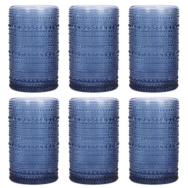 Moretoes Vintage Hobnail Drinking Glasses Set of 6,12 Oz Highball Glasses Clear Embossed Boho Water Glass Cups Kitchen Bar Tumbler Glassware Set for Whiskey, Beer, Juice, Milk (Blue)