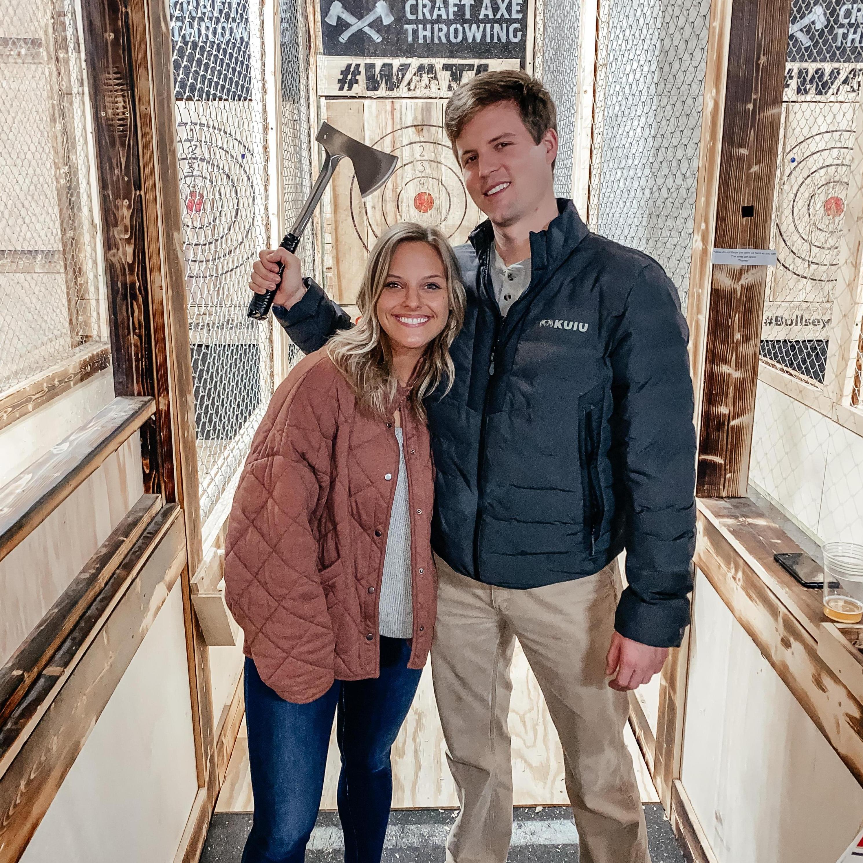 We went Axe Throwing on Friday and then on Saturday we got engaged! This is me having no idea this would be my last single Friday night!