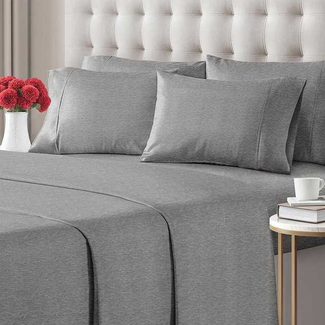 Queen 6 Piece Sheet Set - Breathable & Cooling Bed Sheets - Hotel Luxury Bed Sheets for Women, Men, Kids & Teens - Deep Pocket Bedding w/ Easy Fit - Soft & Wrinkle Free - Queen Heathered Grey Sheets