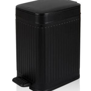 rejomiik Small Bathroom Trash Can with Lid Slim Soft Close Garbage Can Step Wastebasket Container Trash Bin for Office Bedroom Kitchen Living Room (1.9 Gallon Black)