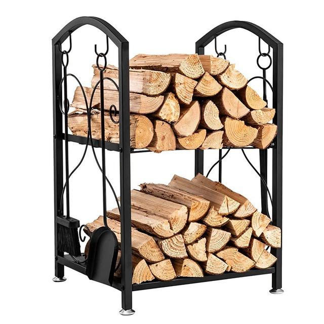 Sunolga Firewood Rack 28in Stacking Wood holder for Stove with 5-Piece Tools Log Holder Outside Set Fireplace Tools Wood Storage Indoor Wood Rack for Firewood Fire Pit Accessories