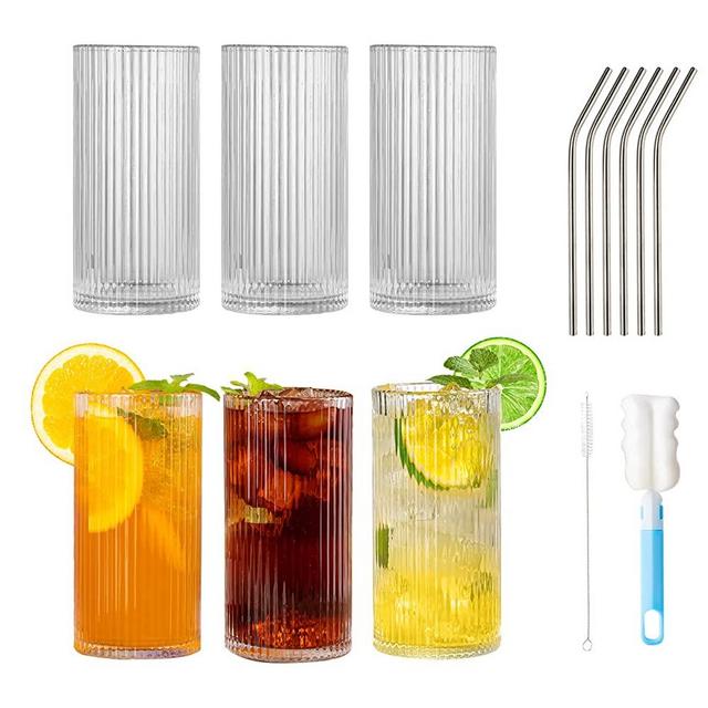 Glass Cups Set of 4, Combler Ribbed Glassware 15 oz, Ribbed Drinking  Glasses, Ribbed Glasses, Fluted Glassware for Whiskey, Cocktail Beer Iced  Coffee