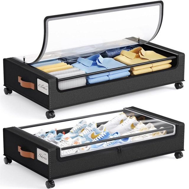 Yecaye Under Bed Storage with Wheels, 2 Pack Under Bed Storage Containers, Under Bed Shoe Storage with Clear Window & Label, Rolling Under Bed Metal Drawer for Clothes, Shoes,Toys, Books, Black