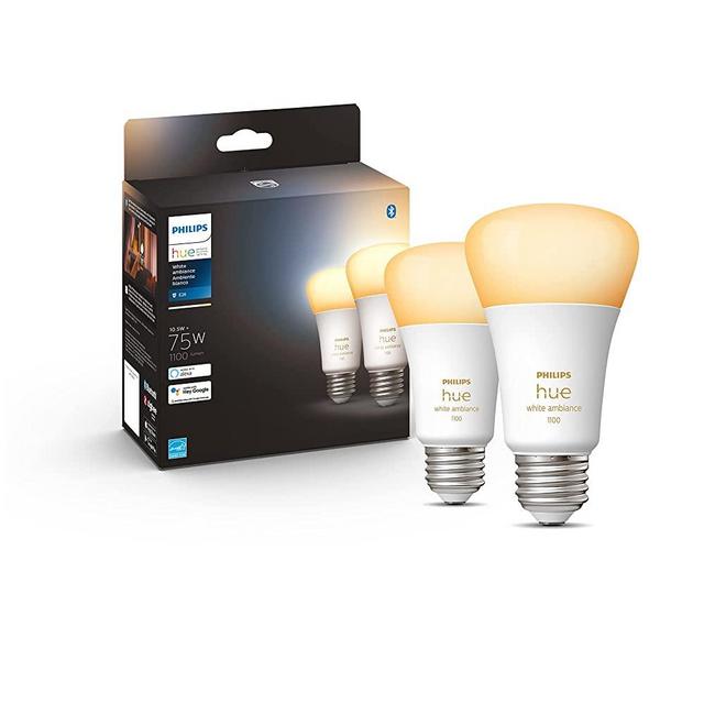 Philips Hue 2-Pack White Ambiance A19 Medium Lumen Smart Bulb, 1100 Lumens, Bluetooth & Zigbee Compatible (Hue Hub Optional), Compatible with Alexa & Google Assistant