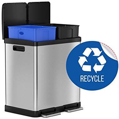 iTouchless 16 Gallon Dual Step Trash Can & Recycle Bin, Stainless Steel includes 2 x 8 Gallon (30L) Removable Buckets with Handles, Soft-close and Airtight – Recycle Decal included