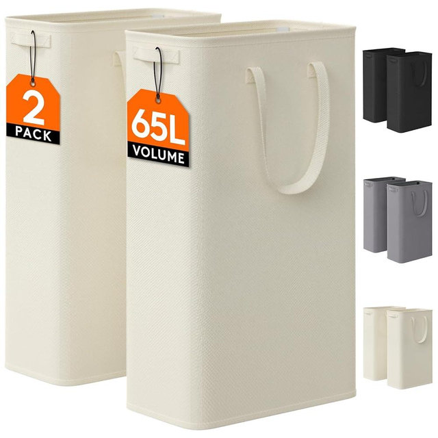 Lifewit 2 Pack Slim Laundry Hamper, Collapsible Narrow Laundry Basket, Small Tall Dirty Clothes Hampers with Handles for Bathroom Bedroom College Dorm, White, 65L