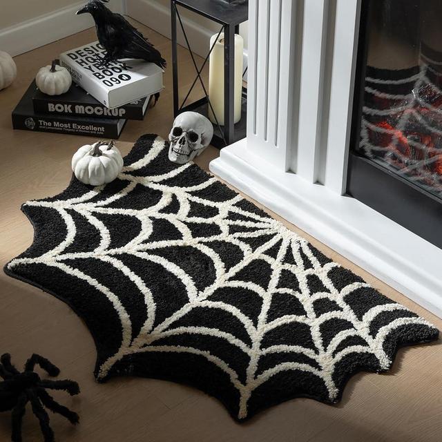 Ashler Halloween Spider Web Rug, Spiderweb Bath Mat for Halloween Decor, Gothic Bathroom Rug, Spiderweb Area Rug Non-Slip Tufted Mats for Front Door, Living Room, Bedroom, Kids' Room, 1.8x3ft, Black