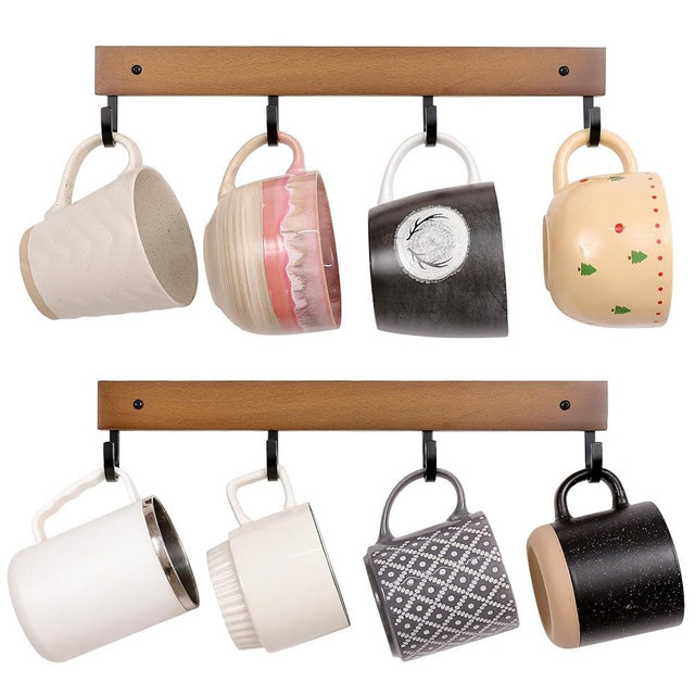 SCUNDA Mug Hook for Wall, 180° Swivel Hooks for Cups, Wooden Wall Mounted Rotatable Hooks for Hanging Mugs, Hats, Keys, Kitchen Utensils, Robe, Towel, Strong Metal Hook with Wood Base (2, Brown)