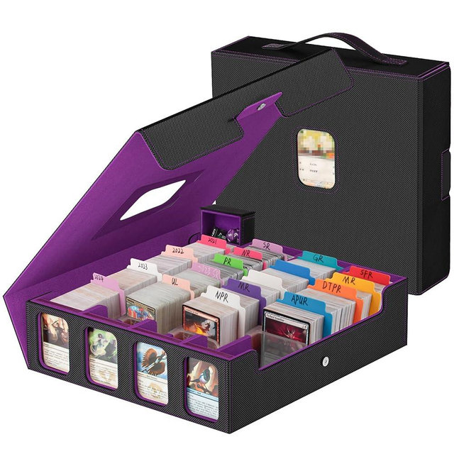 Trading Card Storage Box - 3200+ MTG Deck Box with Commander Display & Portable Handle, 4-Row Card Case Compatible for MTG/TCG/Magic Cards, 30 Colorful Divider, 8 Card Supporters (Black & Purple)