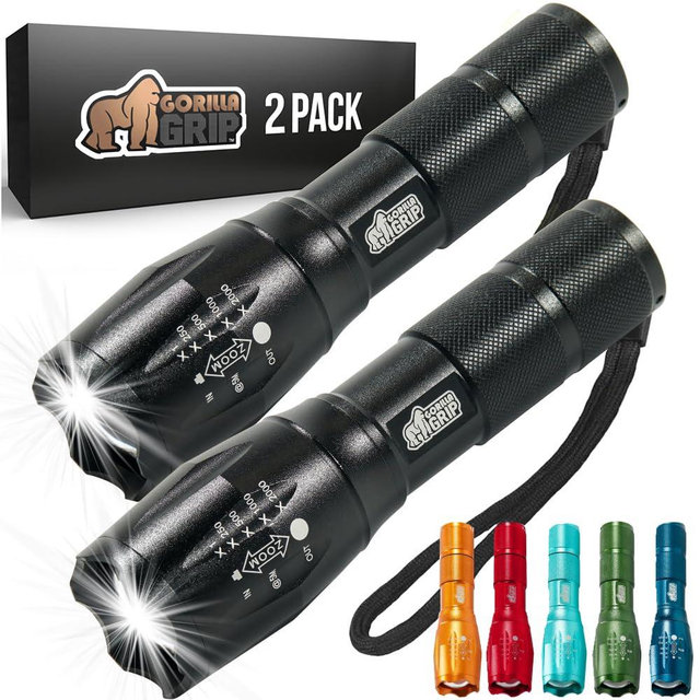 Gorilla Grip Powerful LED 750 FT Water Resistant 5 Adjustable Mode Tactical Flashlight, High Lumens Ultra Bright Battery Zoom Flashlights, Small Camping Car Mini Flash Light Accessories, 2 Pack Black