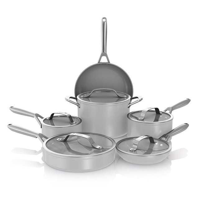 Ninja NeverStick Ceramic Pro 11-Piece Cookware Set, Non-Stick Pots and Pans, Glass Lids, Ceramic Coated, Stainless Steel, Stove to Oven Safe, All Stovetops, Induction Compatible, Gray, CW39011GY