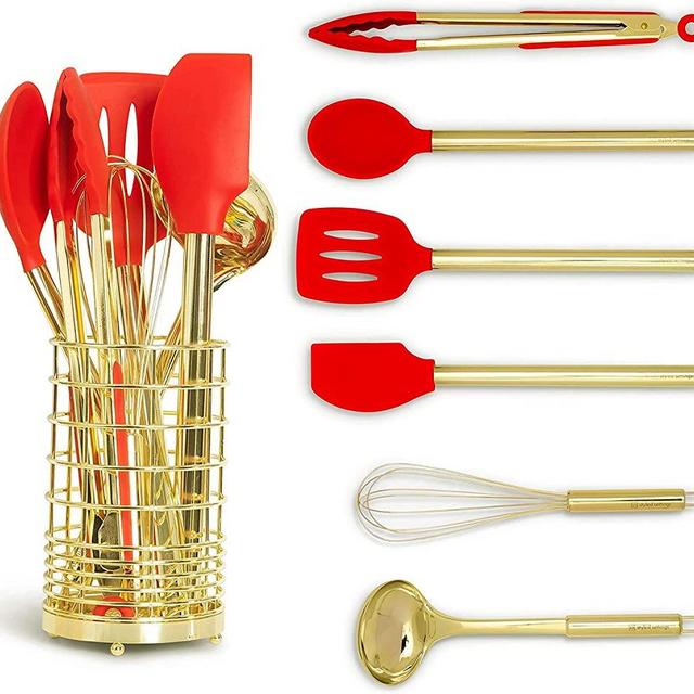 Gold & Red Kitchen Utensils Set with Holder -Gold Utensils Set: Gold Whisk, Gold Ladle, Red Spatula, Gold Tongs, Gold Spoon, Red Silicone Turner, Gold Utensil Holder -Red Kitchen Decor and Accessories