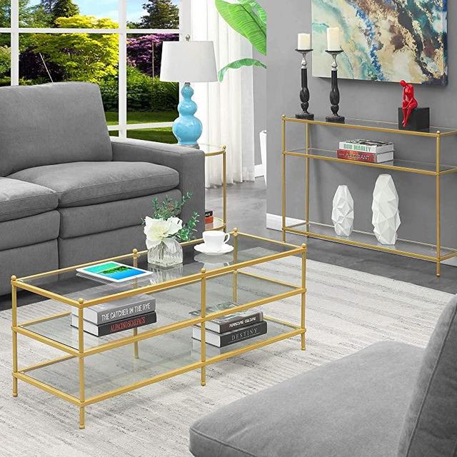 Convenience Concepts Royal Crest 3 Tier Coffee Table, Clear Glass / Gold