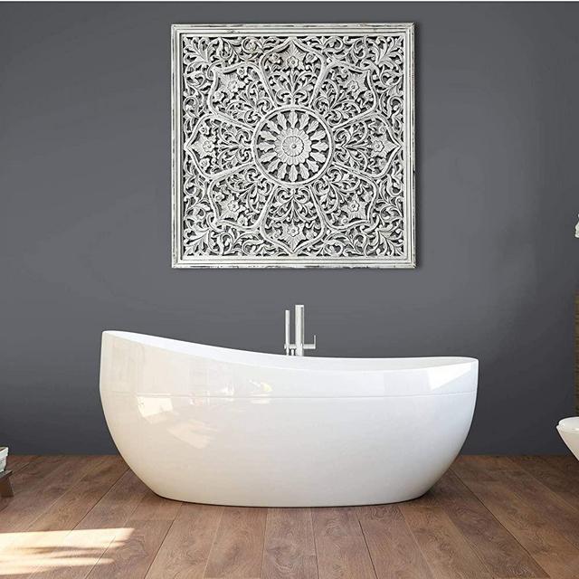 Decorlives Handcarving on Wood Antique White Large Wall Art Decorative Sculpture Hanging Wall Décor Antique White Color Handcarving on Wood Wall Décor Hanging Large Wall Sculpture Art