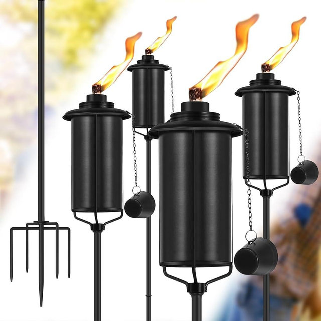ZSPENG 4-Pack Garden Metal Torches, 60" Upgraded Citronella Torches with 5-Prong Grounded Stakes, 16 oz Heavy-Duty Outdoor Torch Lights for Patio, Pathways, and Parties (Ultra-Stable Design)