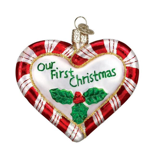 Old World Christmas Peppermint Heart Our First Christmas Glass Blown Ornament for Christmas Tree, Handcrafted Holiday Decoration, Marriage Collection