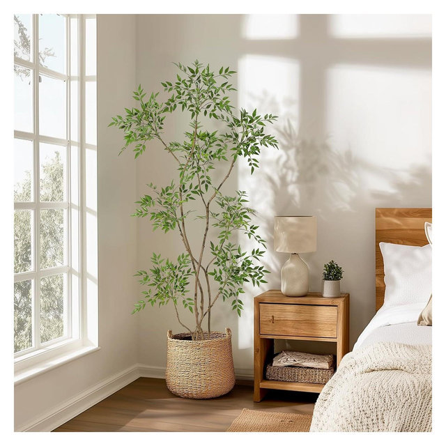 Garvee Artificial Plants Indoor,6ft Tall Faux Floor Plant in Pot, Nandina Artificial Tree with White Planter for Home Decor Office Living Room