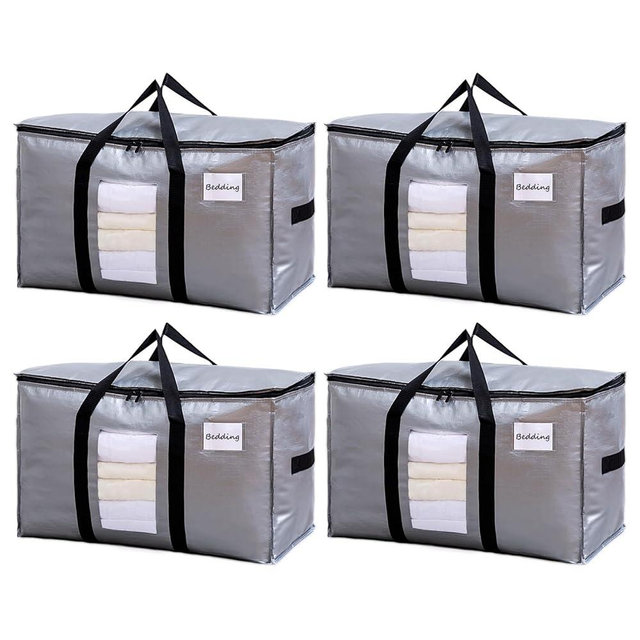 TAILI Extra Large Moving Bags, 4 Pack Silver Heavy Duty Totes For Storage with Visible Window, Wrap Around Handles, Space Saving Storage Bags for Moving Supplies, Alternative to Moving Boxes