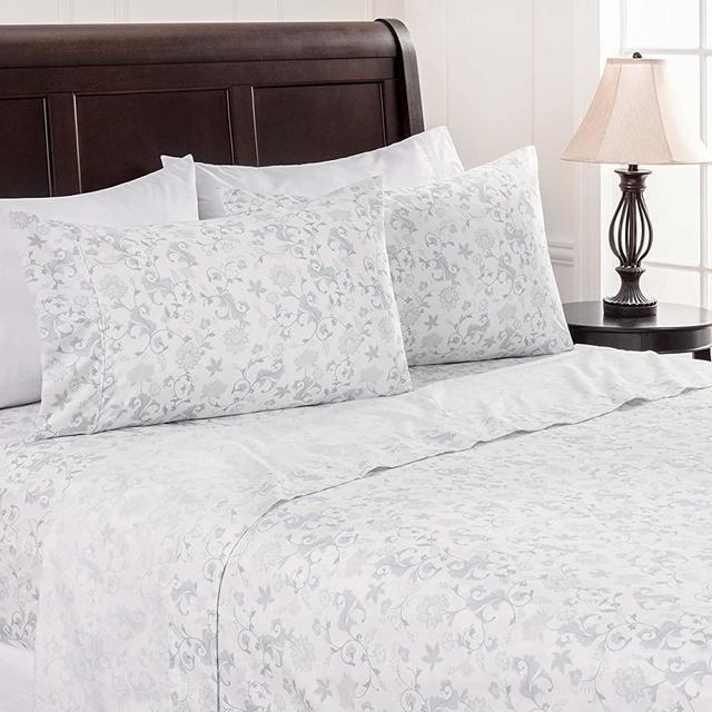 Chanasya Floral Printed Elegant Patterned King Bed Sheet Set 4-Piece - 1 Flat Sheet 1 Fitted Sheet and 2 Pillowcases - Ultra Soft Wrinkle Stain Resistant Microfiber Hypoallergenic Sheets - Blue