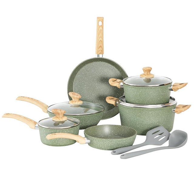 DishDelight Induction Pots and Pans Set Non Stick, 12 Piece Nonstick Induction Granite Kitchen Cookware Sets, Induction Cookware Frying Pans and Saucepan Set, Nonstick Granite Cooking Set, Green