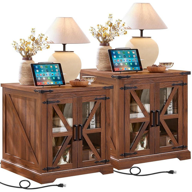Joaxswe 24" End Table Set of 2 with Charging Station, Farmhouse Night Stand with Glass Barn Door, Nightstands with Adjustable Storage Shelf, Large Wood Square Bed Side Table for Living Room,Bedroom