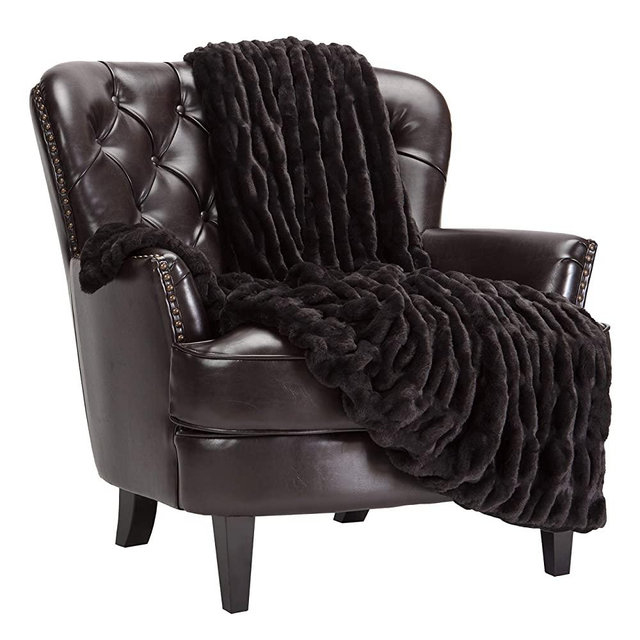 Chanasya Ruched Luxurious Soft Faux Fur Throw Blanket - Fuzzy Plush and Elegant with Reversible Mink Blanket for Sofa Chair Couch Living Room Birthday Gift and Home Decor (50x65 Inches) Black