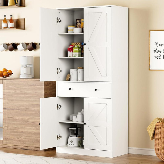 SINROM Kitchen Pantry Storage Cabinet 70.9" H Tall, Farmhouse Pantry Cabinet with Doors, Drawer, 3 Adjustable Shelves, Freestanding Cupboard for Dining Room, Living Room, Laundry, White