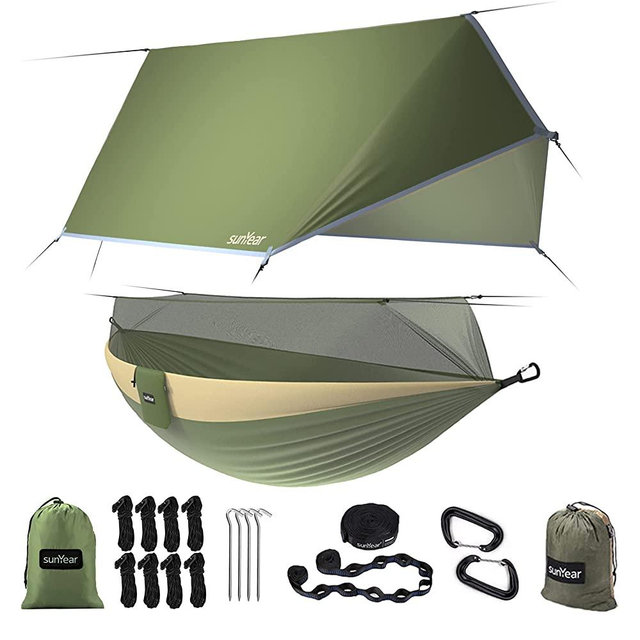 Sunyear Camping Hammock, Portable Double Hammock with Net, 2 Person Hammock Tent with 2*10ft Straps, Best for Outdoor Hiking Survival Travel